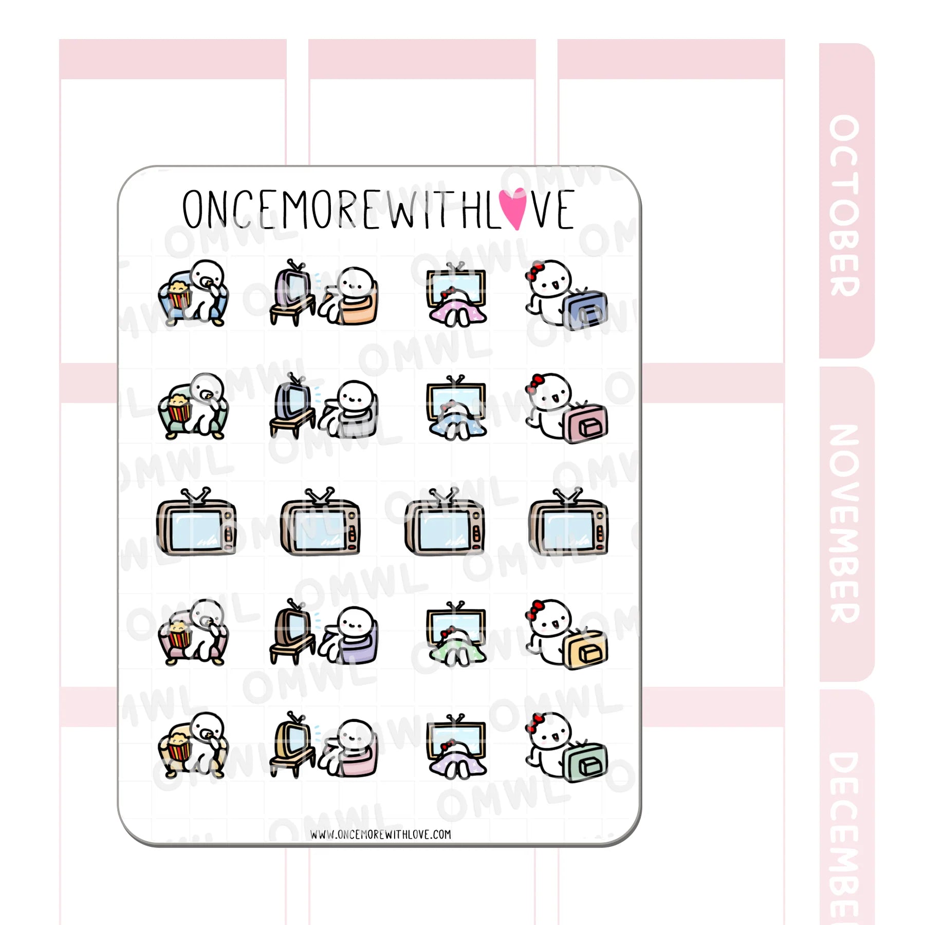 Detail view of the Movie and TV 2.0 Sticker Sheet show and movie tracking illustrations