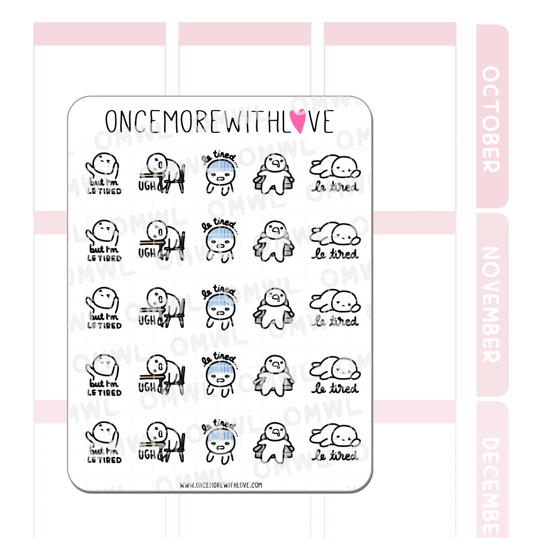 Detail view of the But I'm Le Tired Sticker Sheet low-energy mood-tracking illustrations