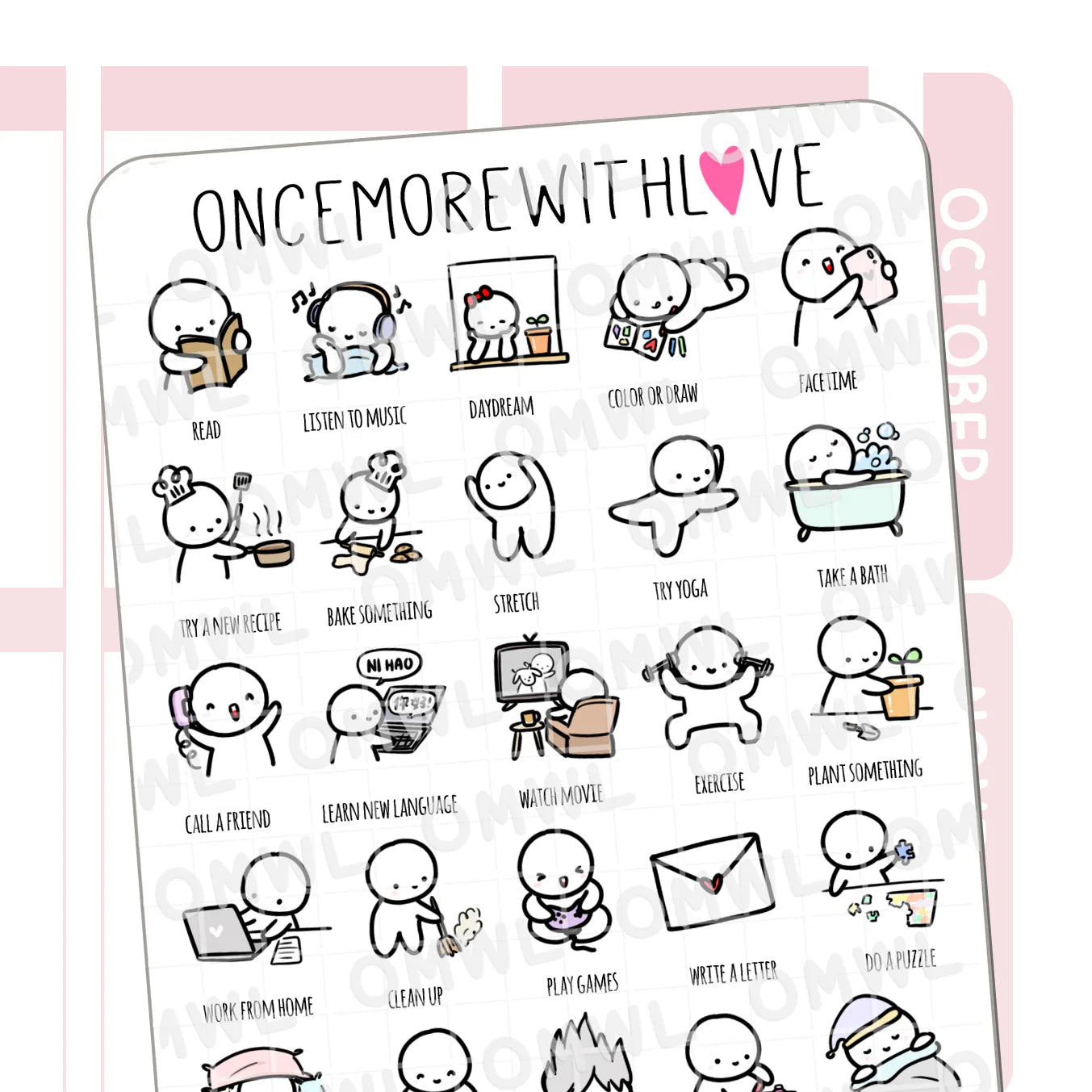 Bucket List for Staying In Sticker Sheet by OnceMoreWithLove with cozy at-home activity stickers
