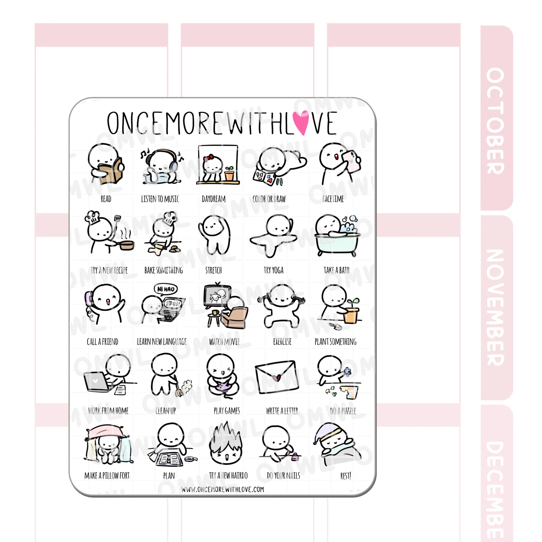 Detail view of the Bucket List for Staying In Sticker Sheet self-care and indoor-day designs