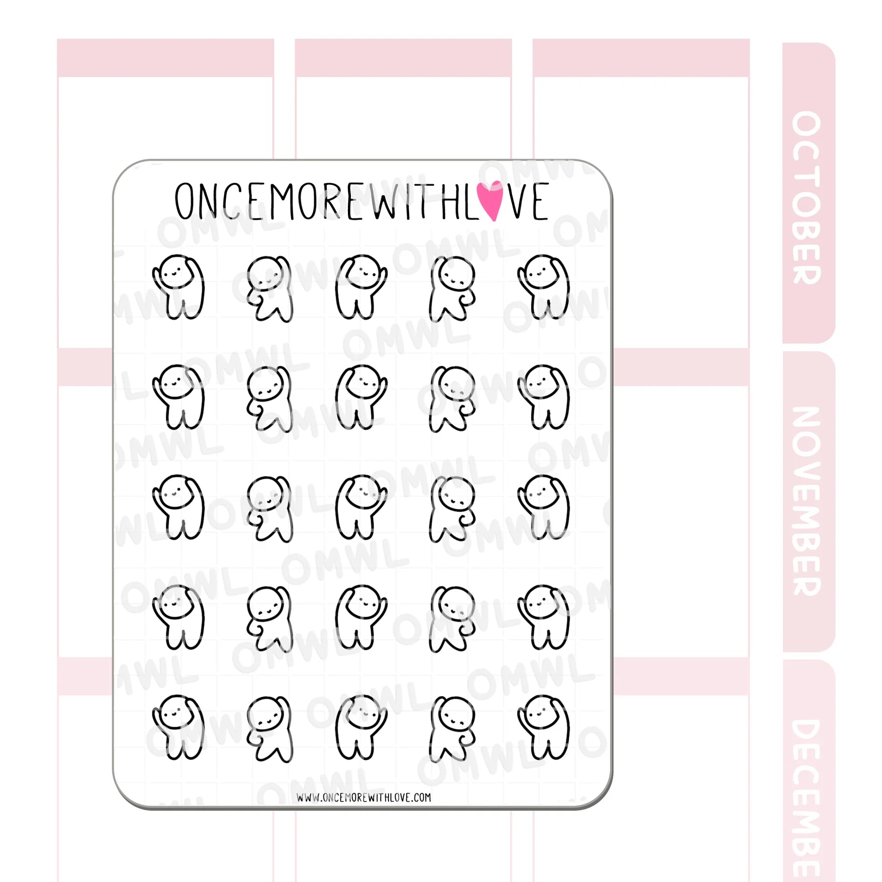 Detail view of the Stretching Munchkin Sticker Sheet daily stretch and yoga illustrations