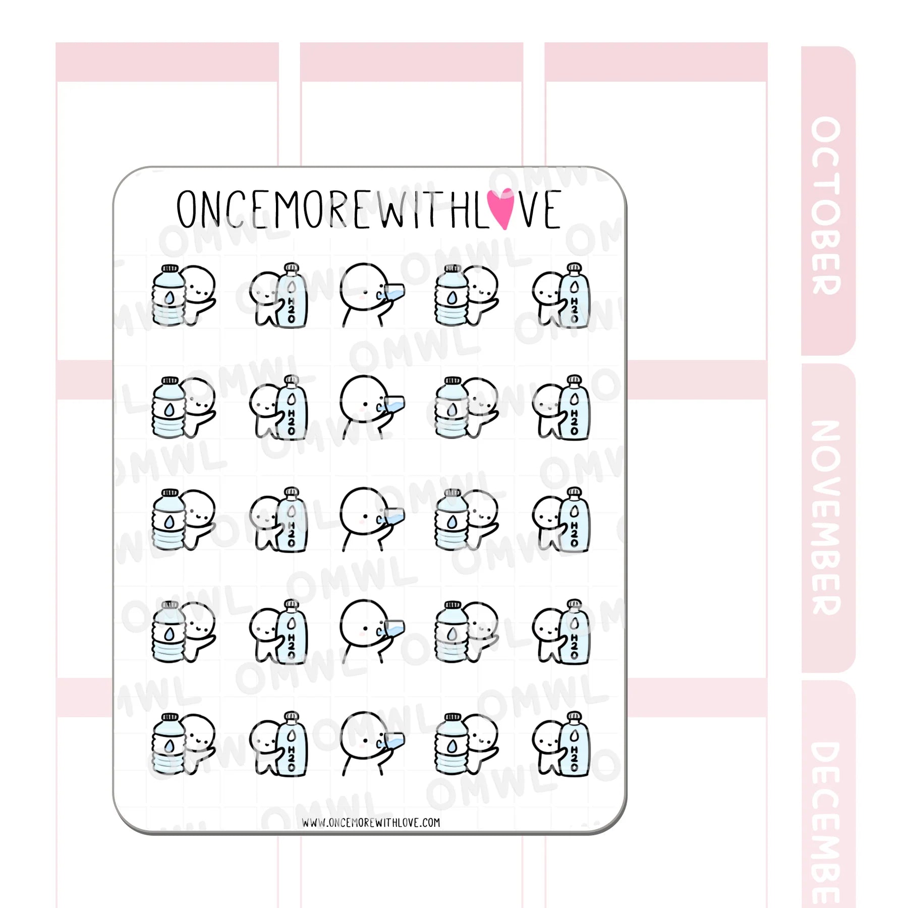 Detail view of the Drink Water Hydration Sticker Sheet daily water tracking illustrations