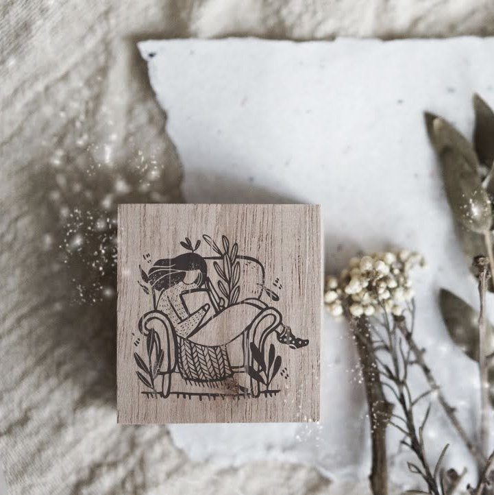 Reading on Couch Rubber Stamp from the Monochrome Girls Series with a cozy reading scene