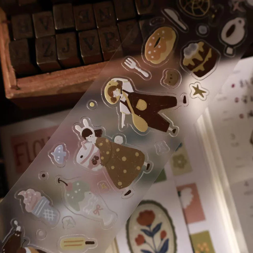 Macaron Afternoon PET Tape by Yier sheet of sweet vintage illustrations on a transparent backing