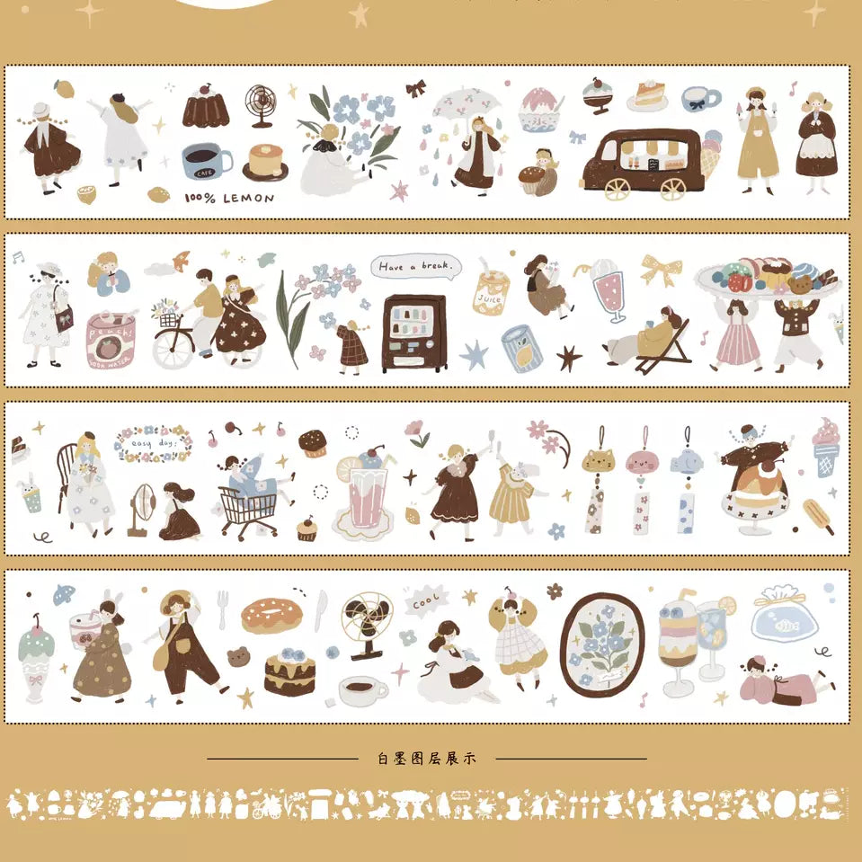 Set of Macaron Afternoon PET Tape illustrated strips laid out on a warm beige background