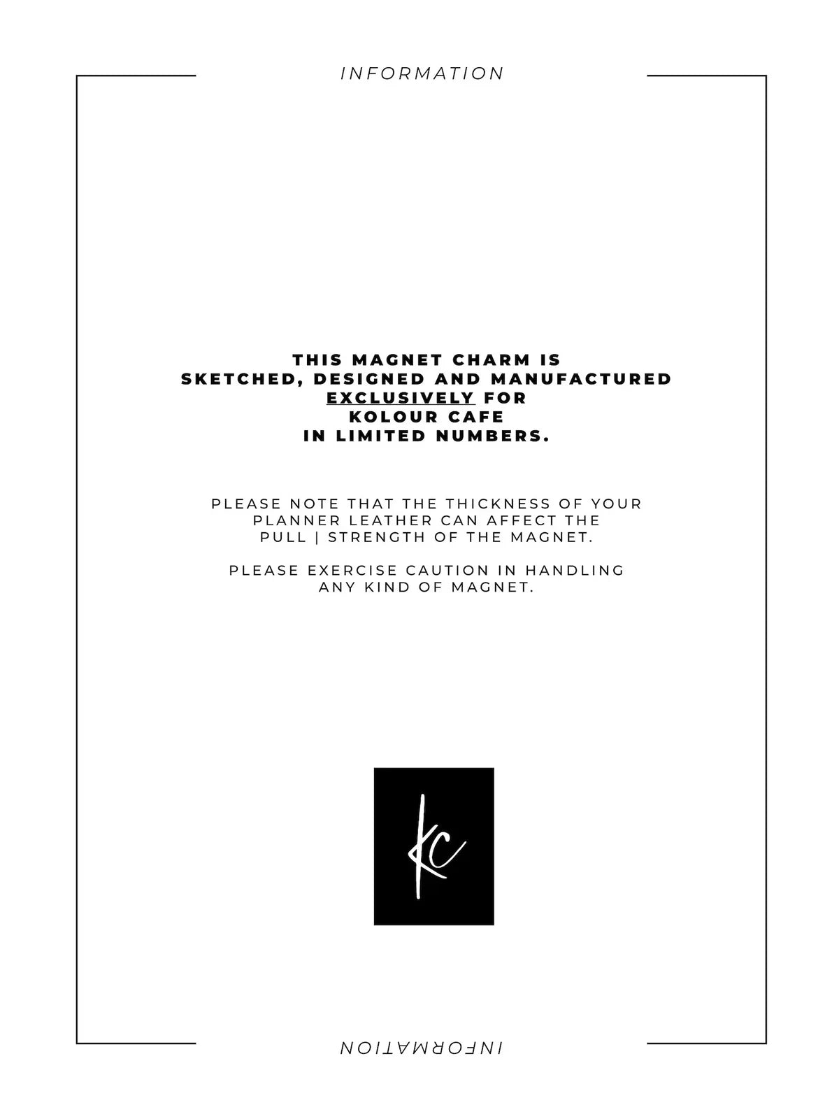Planner Lover Badge Magnetic Charm info card with usage instructions and Kolour Cafe branding