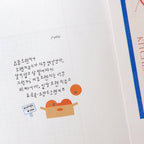 Card with Korean text and cartoon illustrations of oranges on a white background