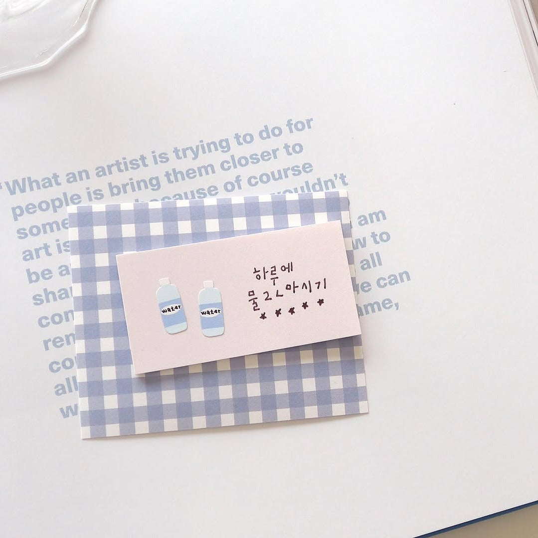 Card with water bottle illustrations on a checkered background, from the Market Sticker Sheet