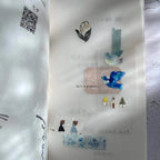 Decorative wall with various stickers and a QR code on a light gray background