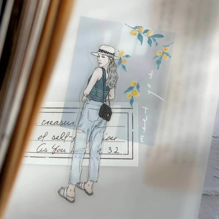 Meet You PET Tape illustration of a woman with a hat and bag shown on a transparent background