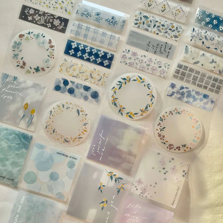 Meet You PET Tape florals and text styled with decorative paper plates on a light background