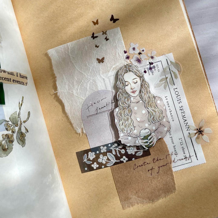 Artistic Meet You PET Tape collage with a woman's portrait, text and deco pieces on texture