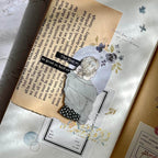 Artistic collage with text, illustrations of a woman, and flowers on a textured surface.