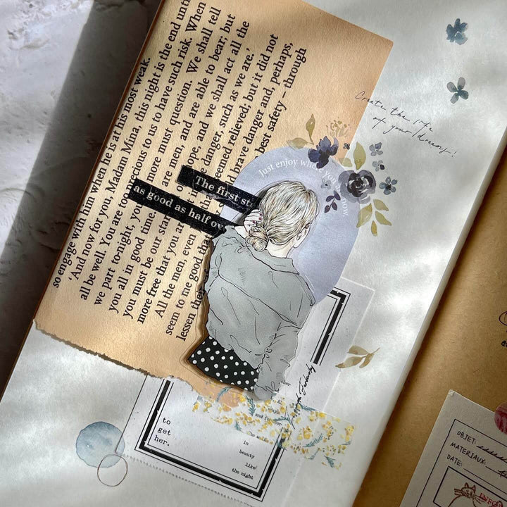 Meet You PET Tape journal collage with text, woman illustrations and flowers on a textured surface