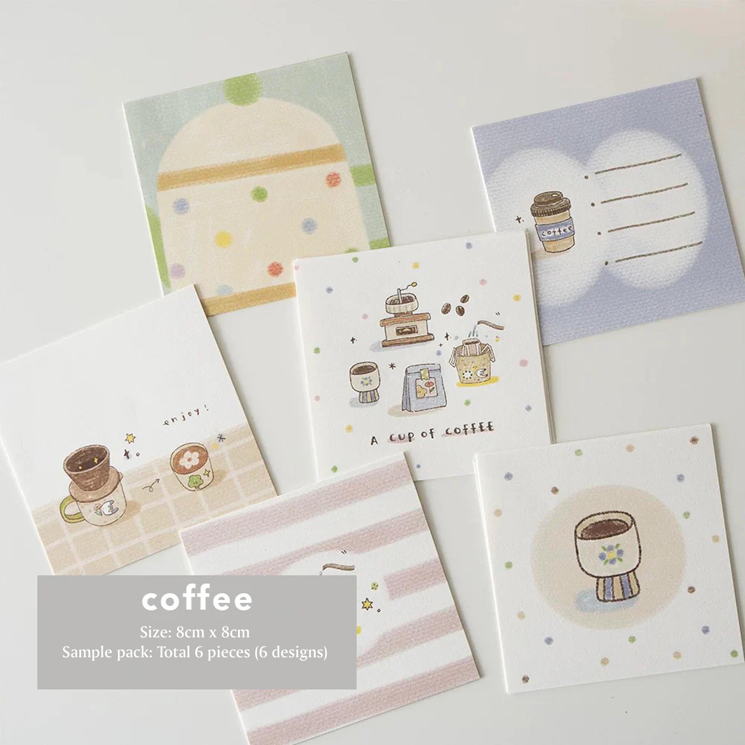 Set of coffee-themed greeting cards on a white background