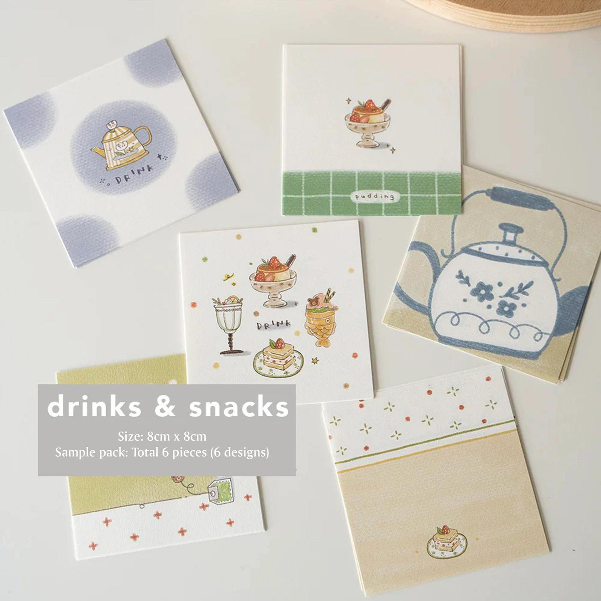 Drinks and Snacks Coffee Memo Pad set of illustrated beverage sheets on a white surface