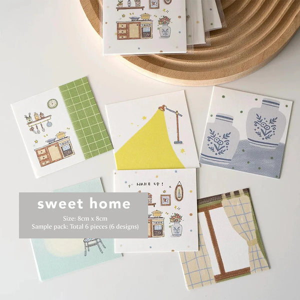 Sweet Home Memo Pad set of six home-themed illustrated sheets displayed on white