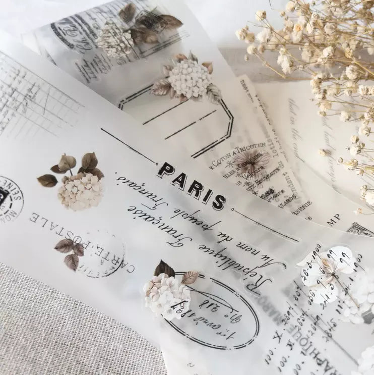 Memories Vol. 2 PET Tape Paris text and floral sticker designs on a textured surface