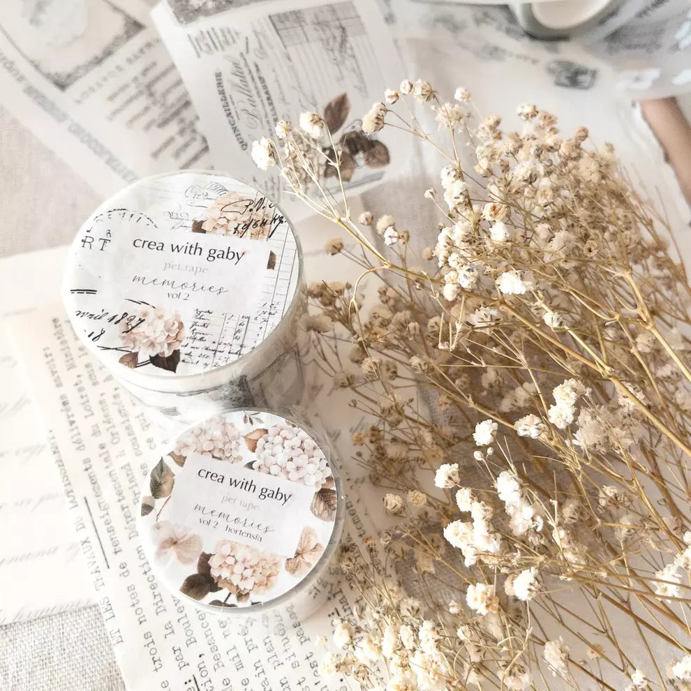 Two crea with gaby containers of Memories Vol. 2 PET Tape with dried flowers alongside