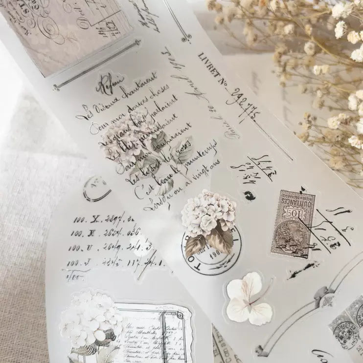 Memories Vol. 2 PET Tape vintage calligraphy, stamps and florals on a textured surface