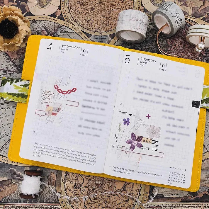 Open planner decorated with Messy Messy Washi Tape strips over a map-print background, flat lay