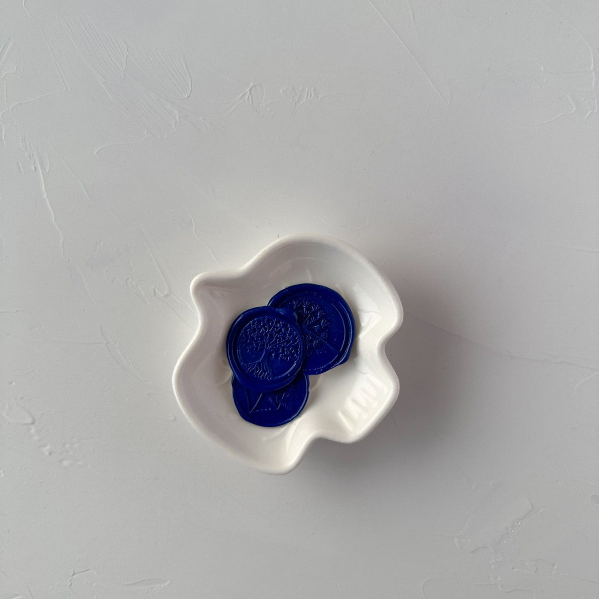 Shell-shaped white dish filled with round Midnight Blue Wax Beads on a soft grey studio background