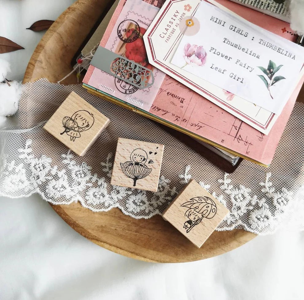 Full Mini Girls Thumbelina Rubber Stamp set with fairy-tale storybook designs, product view