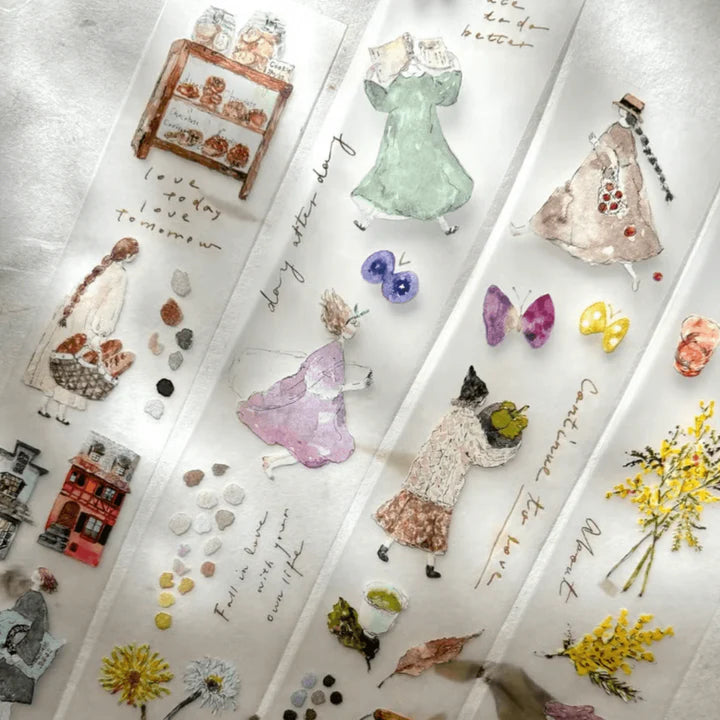 Mini Girl 01 Matte PET Tape figures, dresses and nature elements collaged on textured white