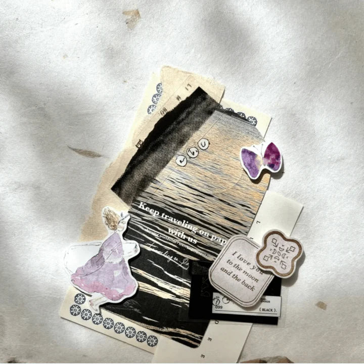 Mini Girl 01 Matte PET Tape vintage card and paper elements collaged on a textured surface