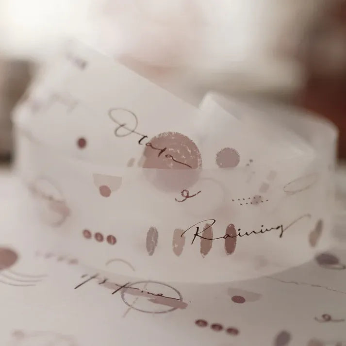 Miss You PET Tape design with artistic text and patterns styled on a box, close-up with soft focus