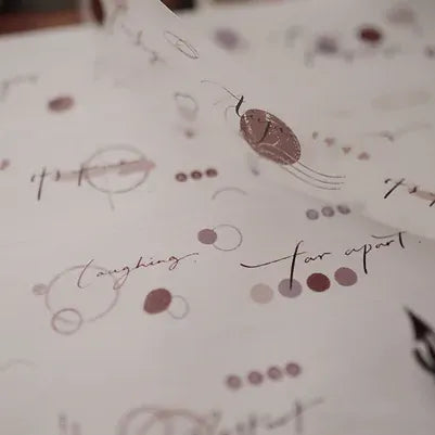Close-up of Miss You PET Tape strips with handwritten text and patterns on a white background