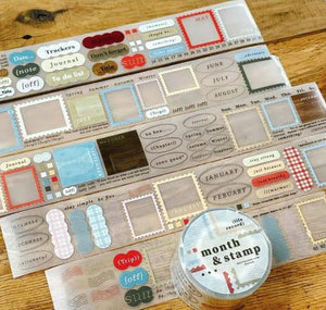 Month and Stamp PET Tape by Children Of South with assorted designs and labeled container on wood