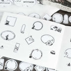 Sheet of black and white illustrations featuring characters and objects, with 'MOOMIN' branding.