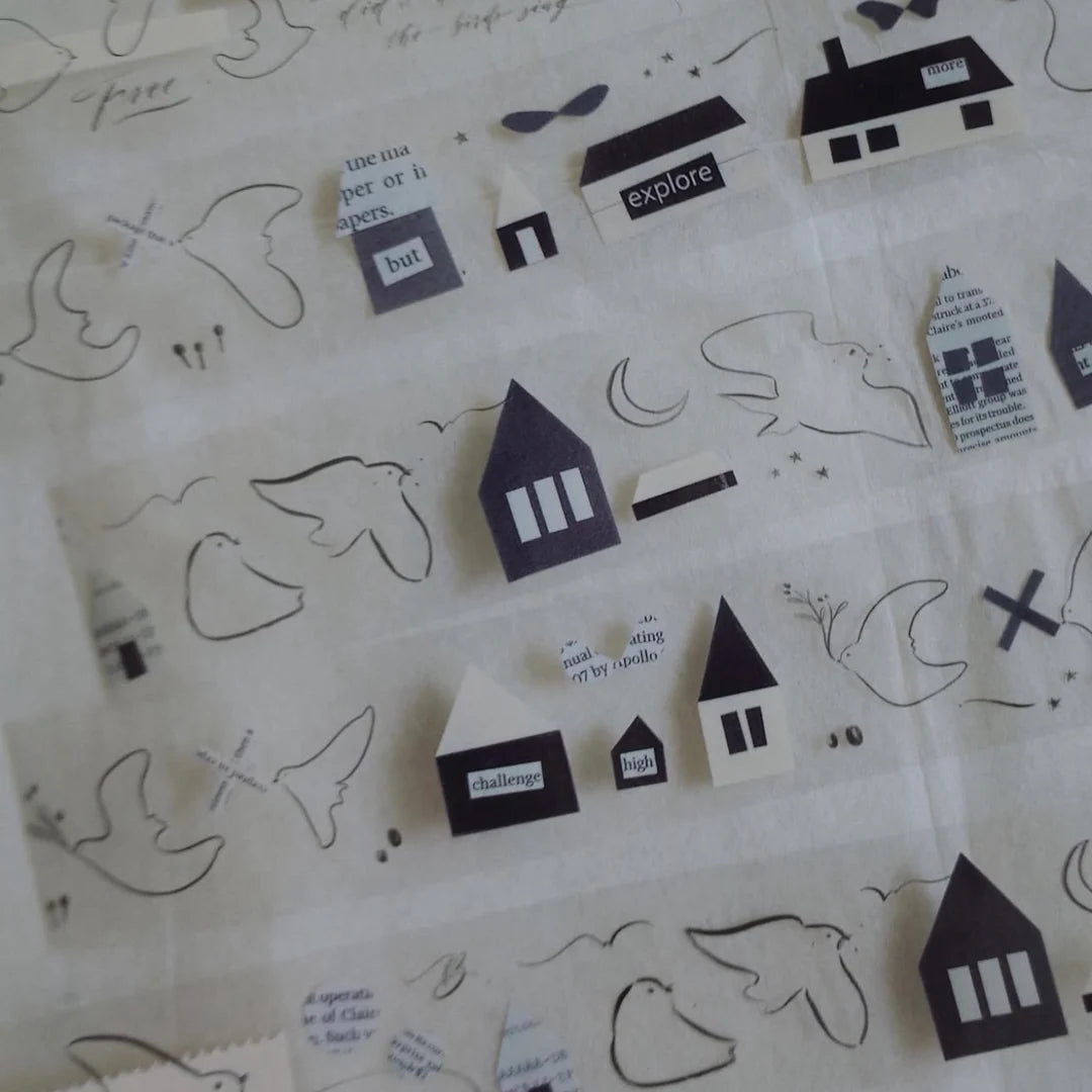 Homecoming Bird PET Tape black and white house and cloud pattern shown across a surface