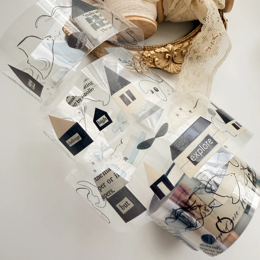 Homecoming Bird PET Tape by Mr. Eggplant transparent stickers with text and graphics on white