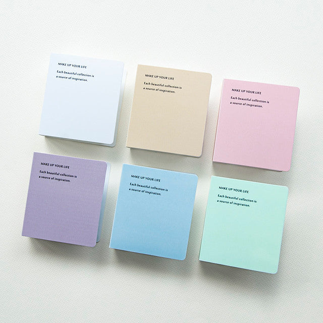 Six pastel MU Ephemera Storage Book color options with text on a white background