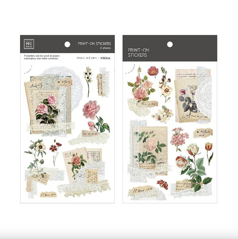 Two packages of print-on stickers with floral designs on a white background