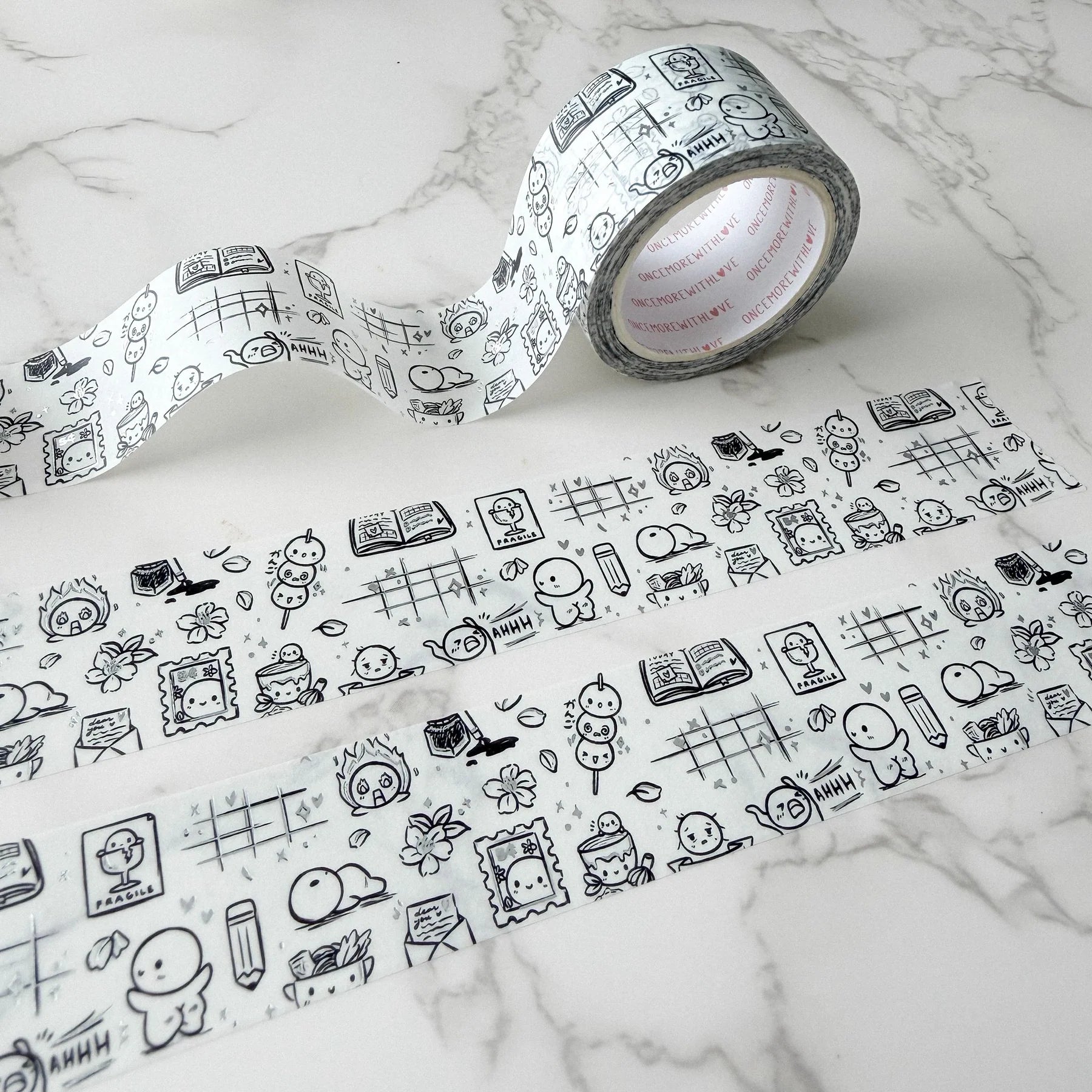 Notebook Doodles Washi Tape by OnceMoreWithLove, wide 25mm sketch-style roll with silver foil