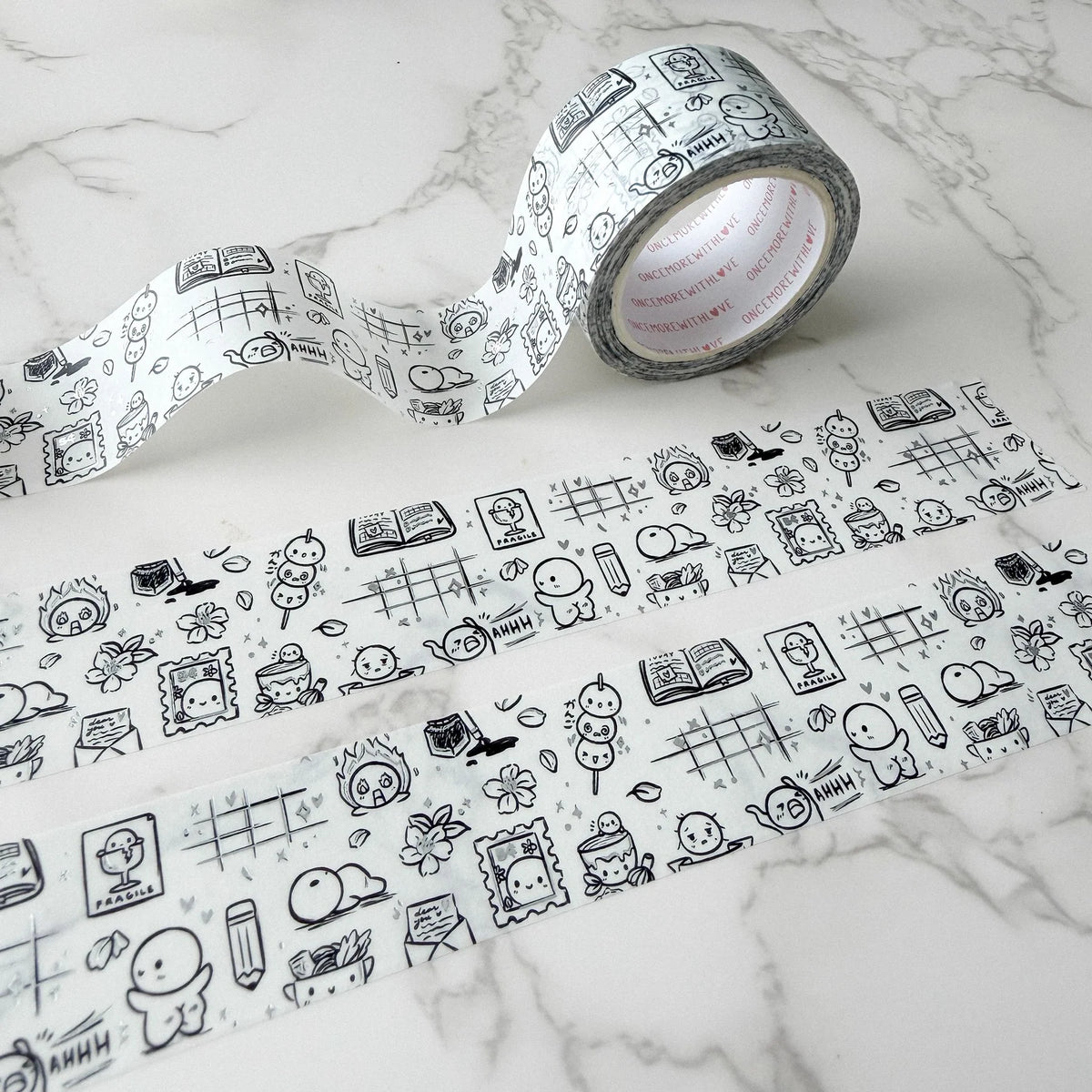 Notebook Doodles Washi Tape by OnceMoreWithLove, wide 25mm sketch-style roll with silver foil