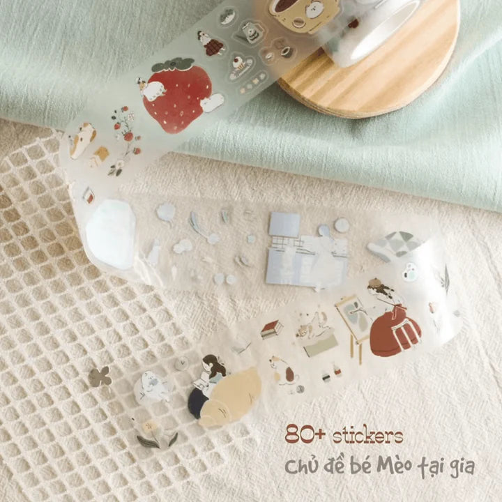 My Home Cat PET Tape by Teayou sticker sheet with cozy cat characters on a textured surface
