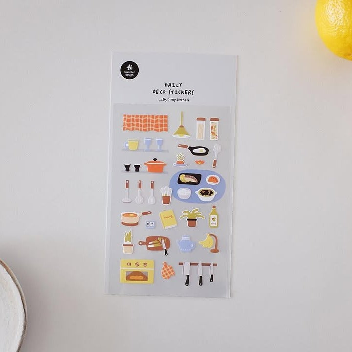 Sheet of decorative stickers with kitchen-themed illustrations on a white background