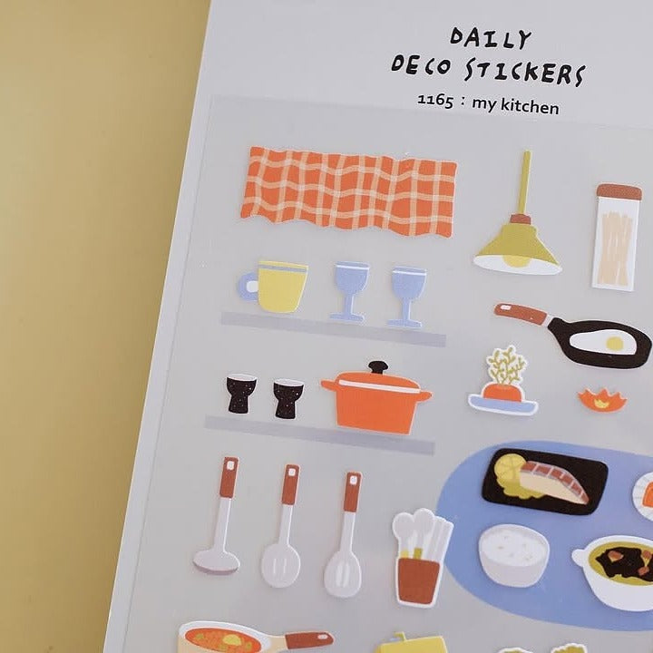 Kitchen-themed stickers on a grey background, from the My Kitchen Sticker Sheet