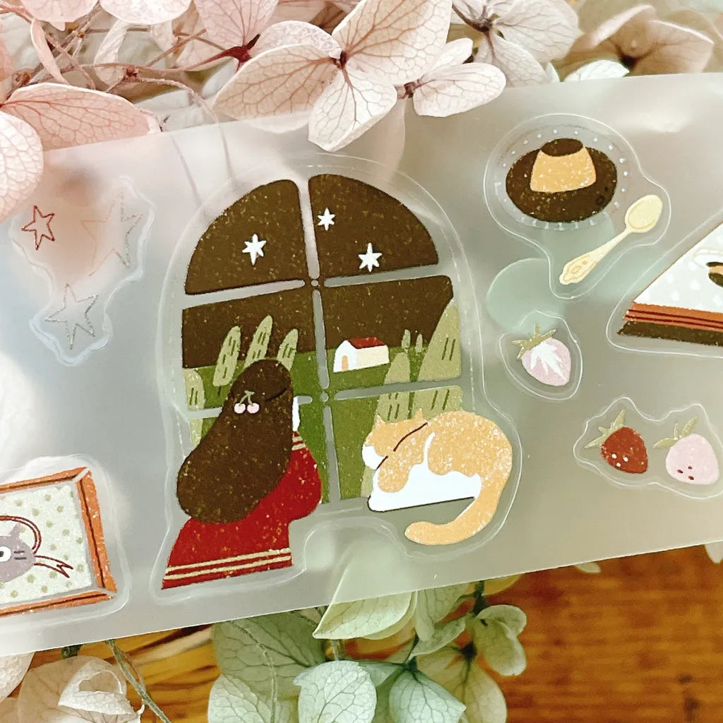 My Kitty Days Cutting PET Tape clear designs with animals and a window scene among flowers
