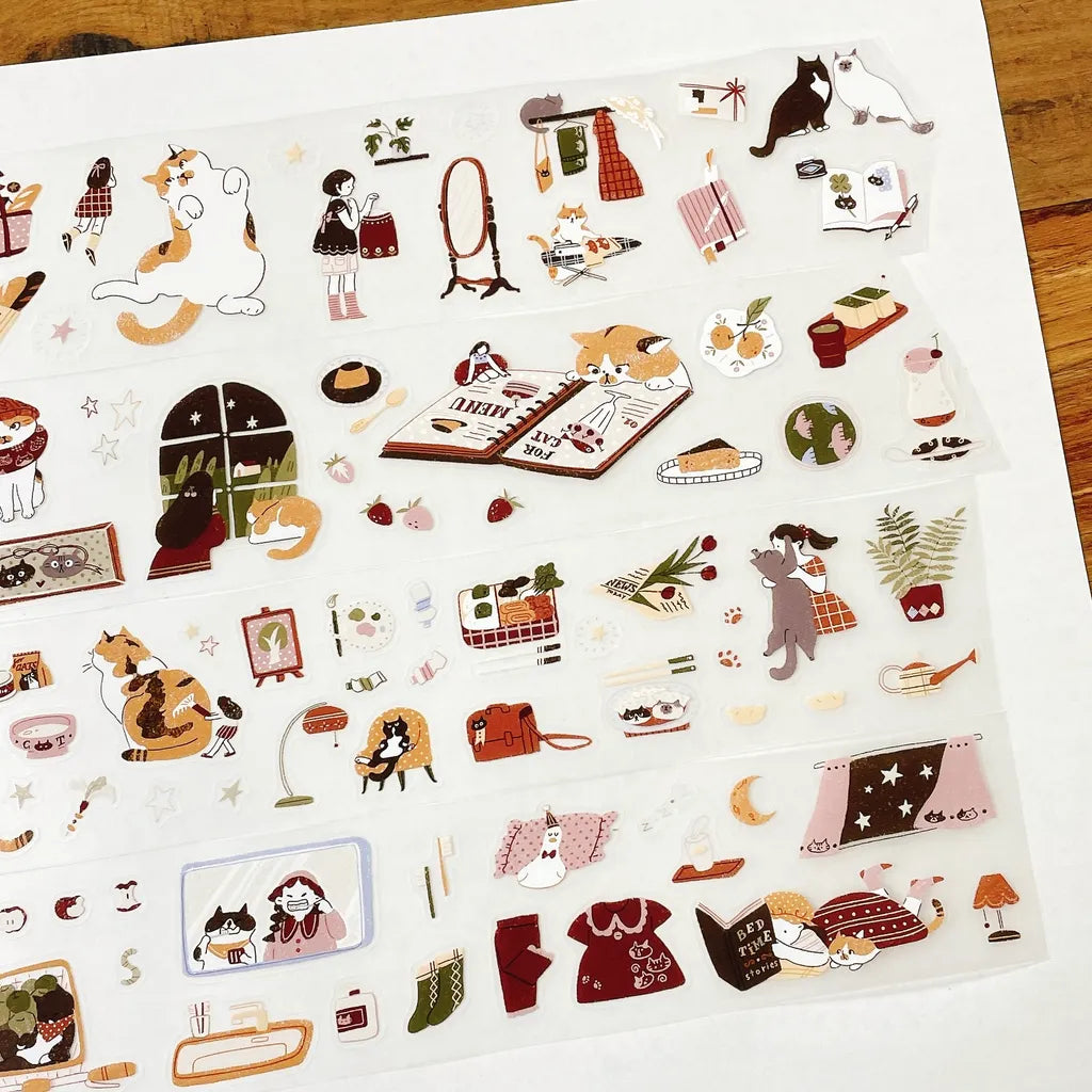 Full sheet of My Kitty Days Cutting PET Tape assorted illustrations on a white background