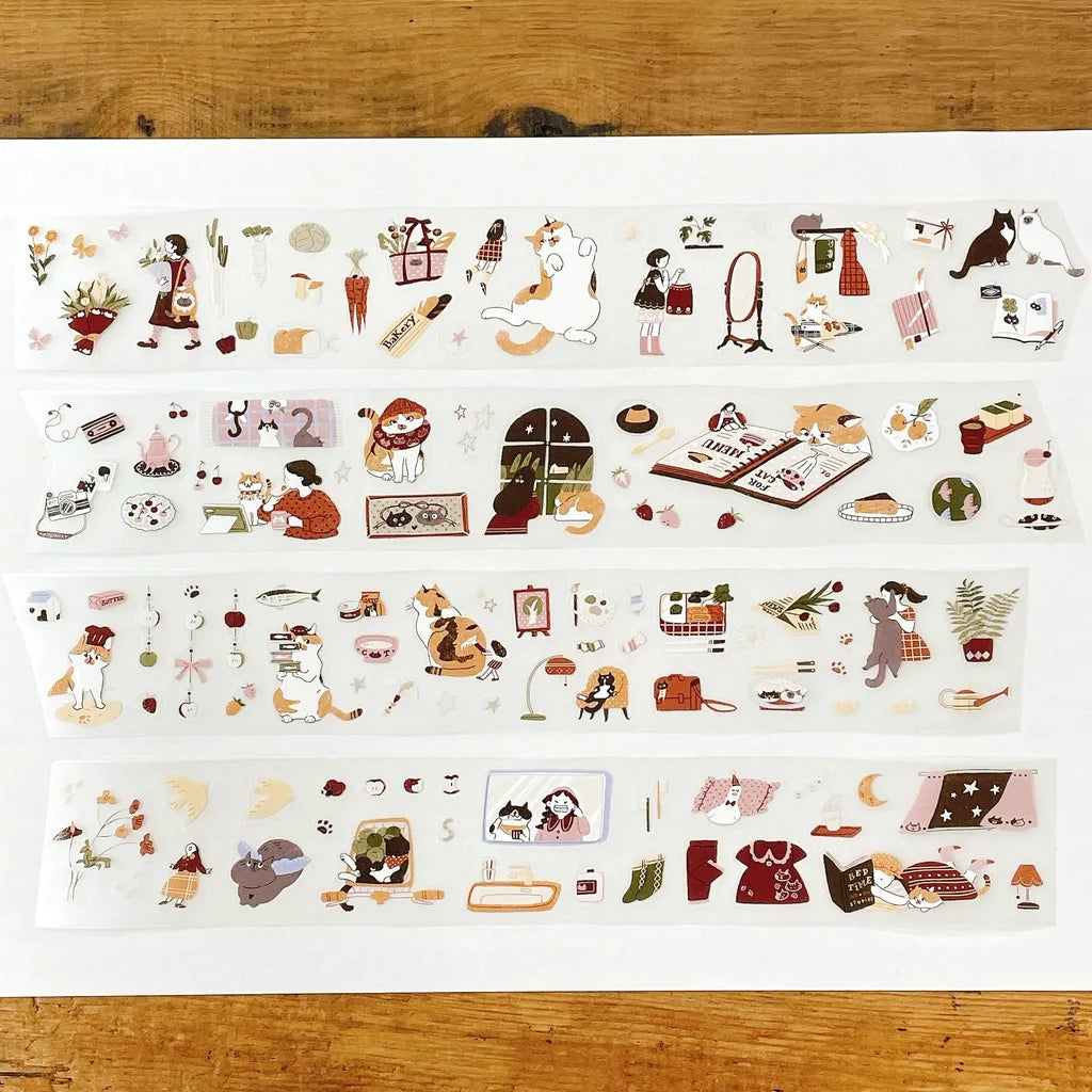 Set of My Kitty Days Cutting PET Tape rolls with illustrated designs on a wooden surface