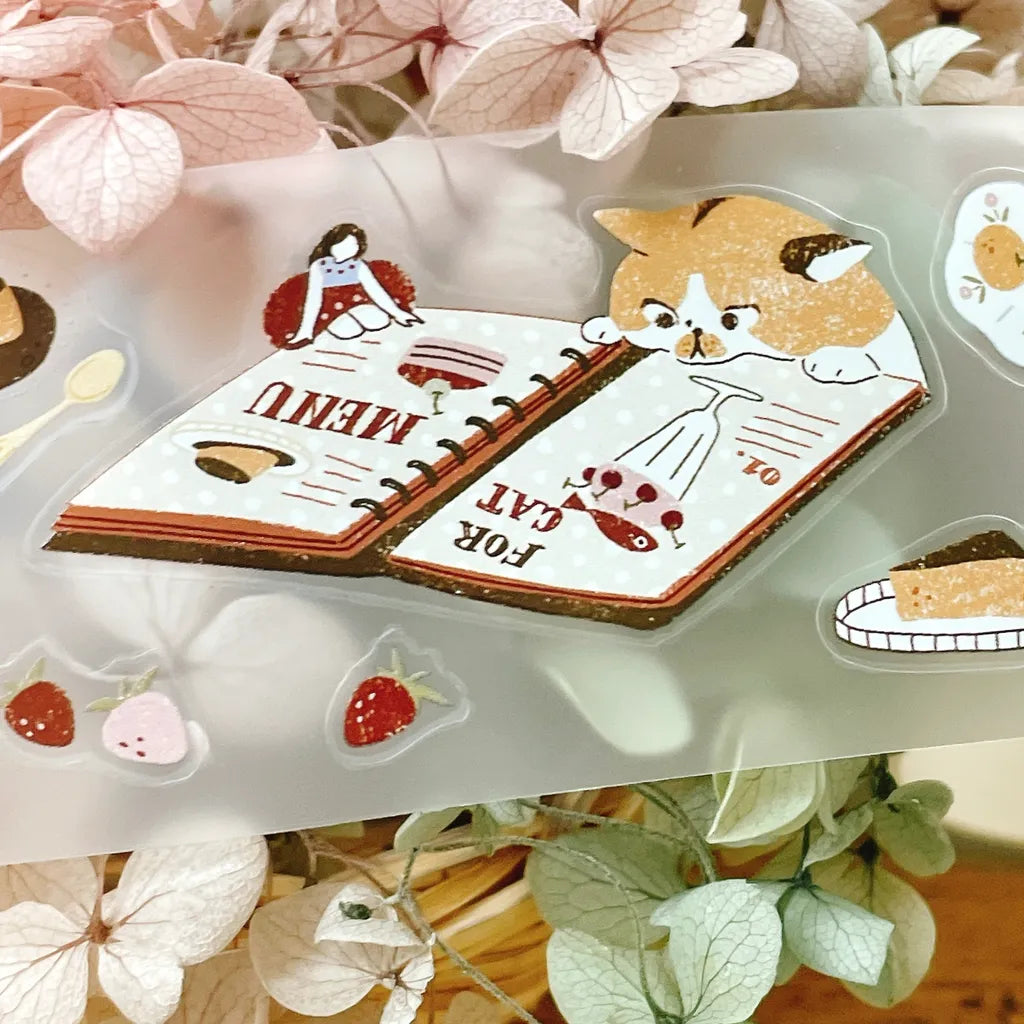My Kitty Days Cutting PET Tape cat restaurant menu illustration on a floral background