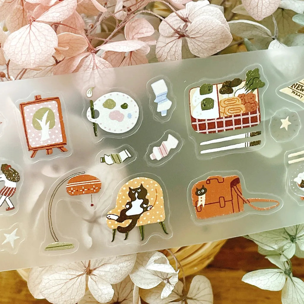 Clear sheet of cute My Kitty Days Cutting PET Tape illustrations on a floral background