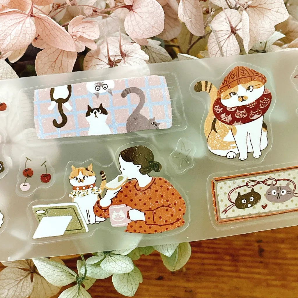 My Kitty Days Cutting PET Tape cat-themed stationery designs styled on a floral backdrop
