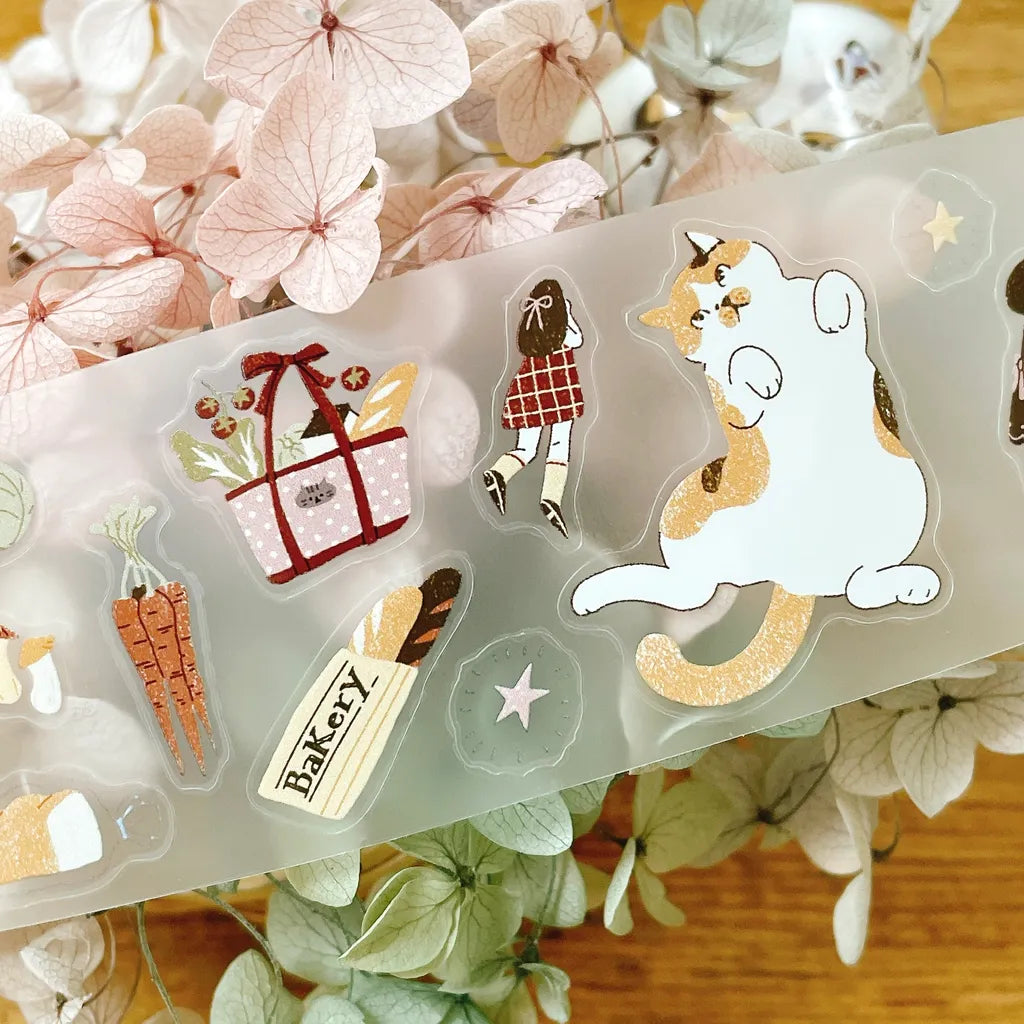 Transparent My Kitty Days Cutting PET Tape cat motifs displayed on a floral background