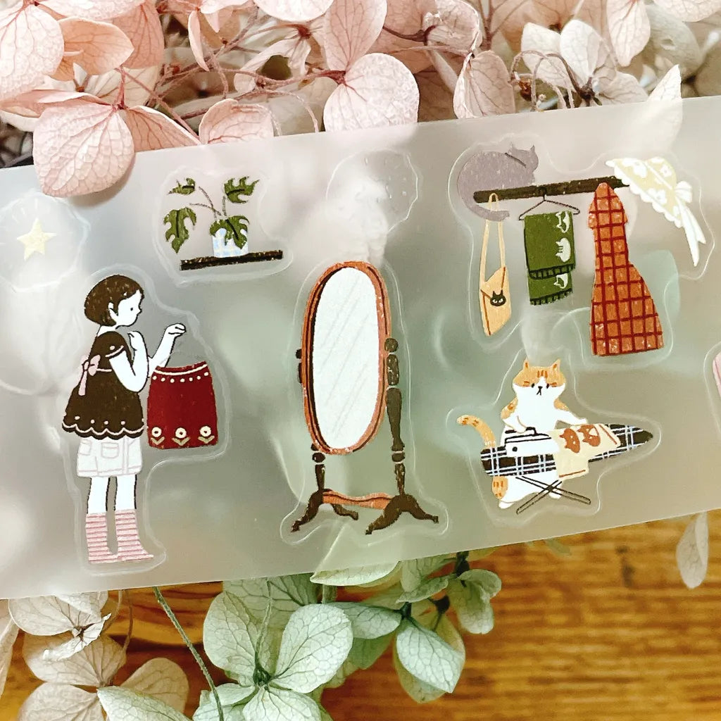 Clear My Kitty Days PET Tape designs of a girl, mirror and clothes on a floral backdrop